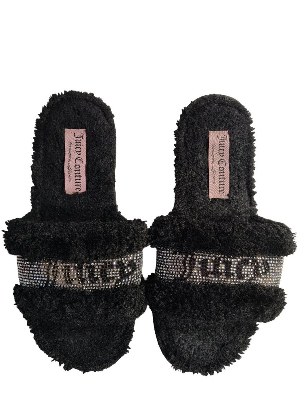 Women's Size 8 Black With Rhinestones Juicy Couture Branded Faux Fur Slippers